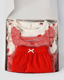 Enxoval bebê 3 peças com babados morango listrado + caixa de presente P