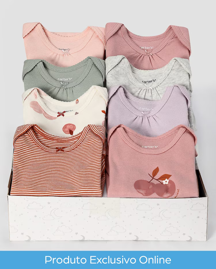 Kit body bebê 8 peças manga curta lisos e cerejas + caixa presente M multicor | Carter's