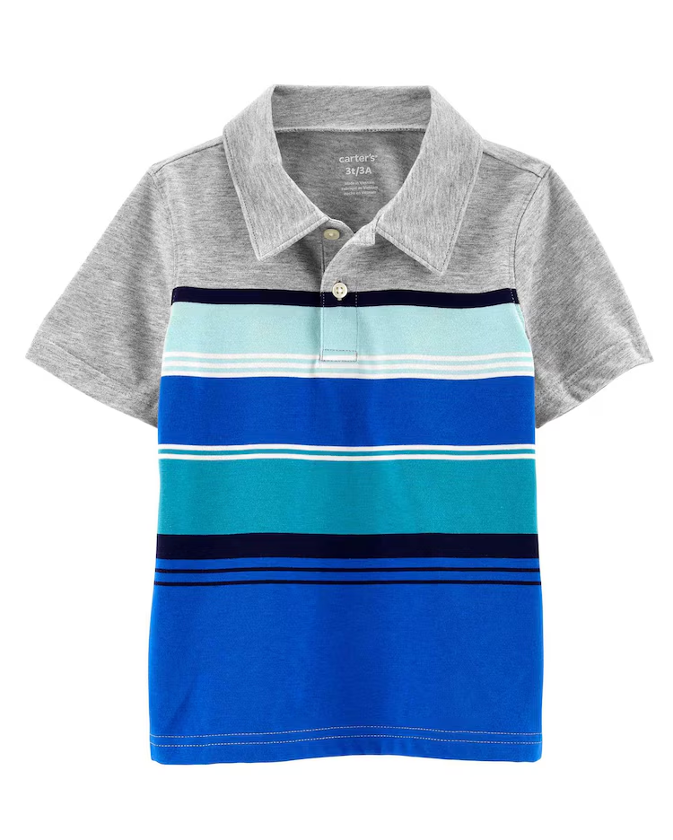 Camisa Polo Infantil Faixas Cinza/Azul Tam 2 a 5