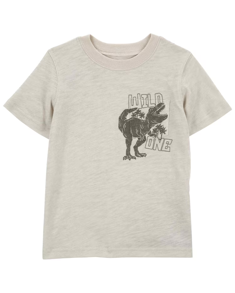 Camiseta infantil dinossauros com bolso cinza |
