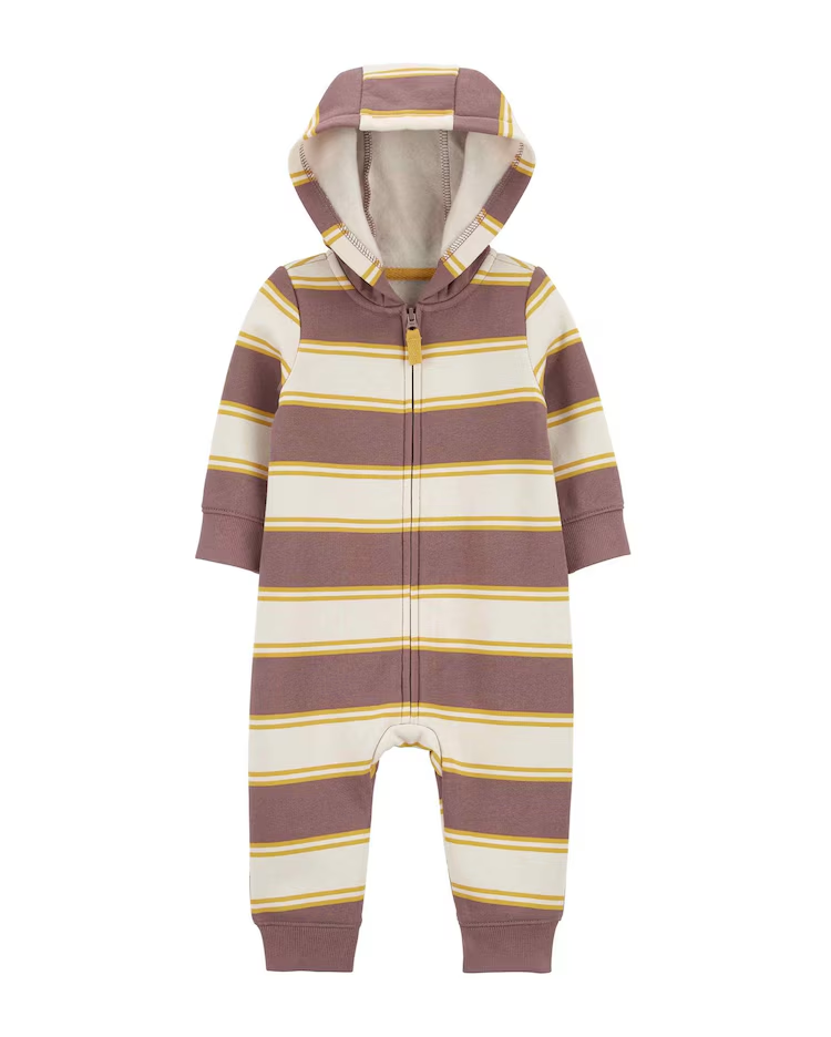 Macacão bebê listrado com capuz bege |