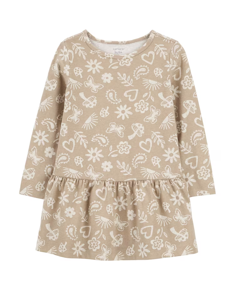 Vestido infantil evasê floral manga longa bege |