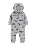 Macacão de moletom bebê com capuz  dinossauros cinza |