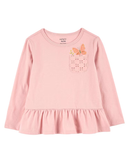 Camiseta infantil manga longa com babado e bolso rosa |