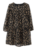 Vestido infantil evasê animal print com manga longa preto |