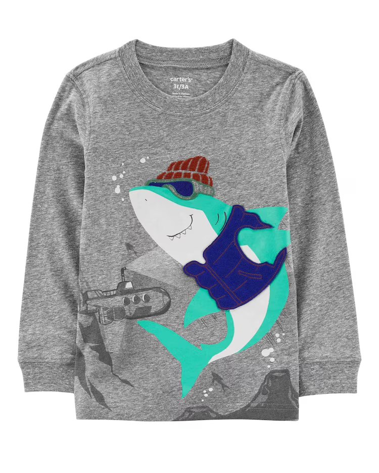 Camiseta infantil tubarão manga longa cinza |