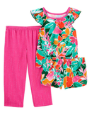 Pijama longo infantil 3 peças tropical com babados verde |